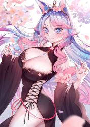 Rule 34 | 1girl, animal ear fluff, animal ears, bare shoulders, black kimono, black sleeves, blue eyes, blue hair, breasts, cherry blossoms, cleavage, cleavage cutout, clothing cutout, cowboy shot, detached sleeves, fang, floral background, flower, gradient background, gradient hair, grin, hair flower, hair ornament, highres, hip vent, japanese clothes, kimono, large breasts, long hair, looking at viewer, multicolored eyes, multicolored hair, nail polish, pink eyes, pink flower, pink hair, pink nails, rope belt, shirase rin, side slit, silvervale, silvervale (sakura goddess), smile, solo, standing, streaked hair, swept bangs, virtual youtuber, vshojo, wolf ears, wolf girl