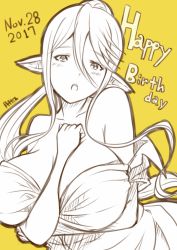 Rule 34 | 1girl, 2017, bare shoulders, breasts, centaur, centorea shianus, commentary request, english text, gecotan, hair between eyes, huge breasts, long hair, monochrome, monster girl, monster musume no iru nichijou, pointy ears, ponytail, simple background, solo, taur, yellow background