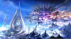 Rule 34 | arcade (architecture), artist request, blue sky, building, cloud, column, copyright name, copyright notice, day, fantasy, final fantasy, final fantasy xiv, floating, floating island, floating object, highres, in-universe location, mountain, no humans, official art, outdoors, pillar, scenery, sky, tower