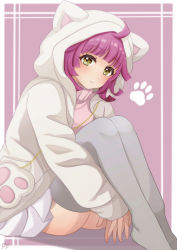 Rule 34 | 1girl, absurdres, ahoge, animal hood, arms on knees, blunt bangs, blush, border, cat hood, closed mouth, commentary request, grey thighhighs, highres, hood, hood up, hooded jacket, jacket, knees up, long sleeves, looking at viewer, love live!, love live! nijigasaki high school idol club, open clothes, open jacket, paw print, pink background, pink hair, pink shirt, pleated skirt, pukonuu, shirt, short hair, signature, sitting, skirt, solo, tennoji rina, thighhighs, turtleneck, white border, white jacket, white skirt, yellow eyes, zettai ryouiki