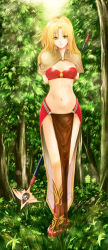 Rule 34 | 1girl, blonde hair, boots, breasts, bustier, capelet, cecil (wing r), elbow gloves, full body, gloves, highres, loincloth, long hair, looking at viewer, mage (ragnarok online), midriff, navel, pelvic curtain, ragnarok online, red eyes, shiny skin, skirt, solo, staff, tree, yellow eyes