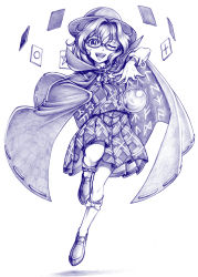 Rule 34 | 1girl, ;d, alvares, cape, clothes writing, glasses, hat, highres, monochrome, occult ball, one eye closed, open mouth, pleated skirt, runes, shirt, skirt, smile, touhou, usami sumireko, vest, zener card