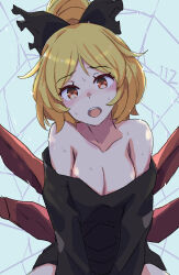 Rule 34 | 1girl, arthropod girl, arthropod limbs, bare shoulders, blonde hair, blush, breasts, brown eyes, cleavage, collarbone, hair bun, highres, insect girl, jack (wkm74959), kurodani yamame, looking at viewer, medium breasts, one-hour drawing challenge, open mouth, silk, solo, spider girl, spider web, sweat, touhou, upper body