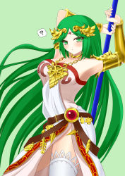 Rule 34 | 1girl, :o, ?, armlet, armor, armpits, bare shoulders, belt, blush, bracelet, breasts, choker, cleavage, dress, female focus, forehead jewel, gem, green eyes, green hair, highres, jewelry, kid icarus, kid icarus uprising, large breasts, long hair, looking at viewer, matching hair/eyes, multiple belts, neck ring, necklace, nintendo, palutena, parted bangs, pendant, side slit, simple background, single thighhigh, solo, staff, strapless, strapless dress, swept bangs, thighhighs, thighs, tiara, tsuchinoko1026, vambraces, very long hair, white thighhighs