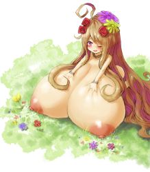 Rule 34 | 1girl, 2b-ge, ahoge, breasts, breasts on floor, brown hair, female focus, flower, flower on head, full body, gigantic breasts, grass, hands on own chest, highres, jewelry, lactation, large areolae, long hair, looking at viewer, magic, necklace, nipples, nude, one eye closed, oppai loli, pink eyes, smile, solo, tagme, very long hair, watering, white background, wink