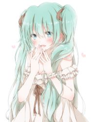 Rule 34 | 1girl, aqua hair, bare shoulders, blue eyes, dress, fang, frills, hair between eyes, hands up, hatsune miku, heart, hiro (hirohiro31), long hair, open mouth, sidelocks, simple background, smile, solo, sundress, twintails, very long hair, vocaloid, white background, white dress