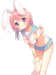 Rule 34 | 1girl, animal ears, bad id, bad twitter id, bikini, bikini top only, blue sailor collar, blush, breasts, cleavage, flying sweatdrops, gluteal fold, hair between eyes, hand on own thigh, inactive account, leaning forward, low twintails, medium breasts, microskirt, navel, original, pink eyes, pink hair, pleated skirt, rabbit ears, rabbit girl, rabbit tail, sailor collar, scrunchie, simple background, skindentation, skirt, solo, striped clothes, striped scrunchie, swimsuit, tail, twintails, unmoving pattern, usashiro mani, white background, white bikini, wrist scrunchie