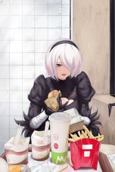 Rule 34 | 1girl, absurdres, black dress, black hairband, blue eyes, breasts, burger, cleavage cutout, clothing cutout, cup, disposable cup, dress, drinking straw, fast food, feather-trimmed sleeves, feather trim, food, french fries, hair over one eye, hairband, highres, juliet sleeves, long sleeves, mcdonald&#039;s, medium breasts, nier:automata, nier (series), no blindfold, o22no, photo-referenced, puffy sleeves, table, tile wall, tiles, tray, white hair, wooden table, 2b (nier:automata)