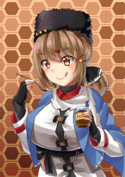 Rule 34 | 1girl, anchor necklace, black bow, black gloves, black hat, blue shawl, bow, brown eyes, brown hair, fingerless gloves, fur hat, gloves, hair bow, hat, honey, honeycomb (pattern), honeycomb background, jacket, jar, jewelry, kantai collection, long hair, low twintails, mayura (lucadia), necklace, papakha, ribbon trim, scarf, shawl, solo, spoon, tashkent (kancolle), tongue, tongue out, torn clothes, torn scarf, twintails, upper body, white jacket, white scarf