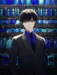 Rule 34 | 1boy, black hair, black jacket, black necktie, blue eyes, blue shirt, blue theme, blurry, bottle, closed mouth, collared shirt, commentary request, depth of field, earclip, earrings, formal, gold trim, highres, jacket, jar, jewelry, light particles, long sleeves, male focus, mole, mole under eye, necktie, original, shelf, shirt, short hair, smile, solo, stud earrings, suit, test tube, test tube rack, uminonew, upper body