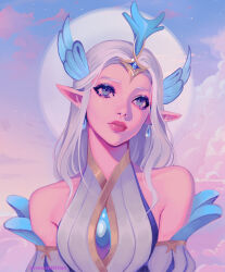 Rule 34 | 1girl, absurdres, bare shoulders, blue eyes, cloud, cloudy sky, crescentkitten, crying, detached sleeves, hair ornament, head wings, highres, immortal journey soraka, jewelry, league of legends, long hair, official alternate costume, pointy ears, sky, solo, soraka (league of legends), tears, white hair, wings
