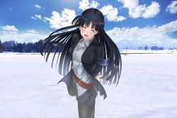 Rule 34 | 1girl, aquaplus, arms behind back, belt, black hair, black jacket, black skirt, blue sky, blush, closed eyes, cloud, cloudy sky, coat, crying, crying with eyes closed, from side, hime cut, jacket, long hair, long sleeves, open mouth, pantyhose, plaid, plaid skirt, raised eyebrows, red belt, shirt, sidelocks, signature, skirt, sky, snow, solo, standing, tears, touma kazusa, tree, very long hair, white album, white album (series), white album 2, white shirt, yu-ip