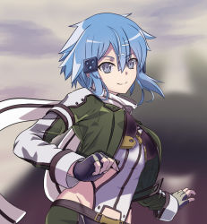 Rule 34 | 1girl, blue eyes, blue hair, breasts, commentary request, fingerless gloves, gloves, green jacket, hair between eyes, hair ornament, hairclip, jacket, long sleeves, looking at viewer, medium breasts, on kazu, revealing clothes, scarf, short hair, shorts, sinon, smile, solo, sword art online, white jacket