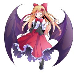 Rule 34 | 1girl, ;d, alphes (style), bat wings, black footwear, black vest, blonde hair, bow, bowtie, collared shirt, dairi, elis (touhou), eyebrows, facial mark, facing away, fang, fingernails, flat chest, flower, frilled skirt, frills, full body, hair bow, hair flower, hair ornament, holding, holding wand, index finger raised, left-handed, loafers, long hair, long skirt, long sleeves, looking at viewer, one eye closed, open clothes, open mouth, open vest, parody, pointy ears, puffy long sleeves, puffy sleeves, purple eyes, red bow, red bowtie, red skirt, shirt, shoes, skirt, smile, solo, star (symbol), style parody, touhou, touhou (pc-98), transparent background, vest, wand, white legwear, white shirt, wings
