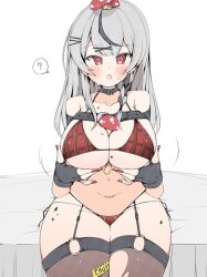 Rule 34 | 1girl, ?, adapted costume, bare shoulders, black hair, blunt bangs, blush, bra, braid, breast hold, breasts, caution tape, cleavage, collar, collarbone, commentary request, fingerless gloves, fingernails, garter straps, gloves, grey hair, hair ornament, hands up, hololive, kuma no bansoukou, large breasts, long hair, looking at viewer, multicolored hair, mushroom, mushroom on head, o-ring, o-ring thigh strap, on bed, open mouth, panties, plaid, plaid bra, plaid panties, red bra, red eyes, red nails, red panties, sakamata chloe, sakamata chloe (1st costume), simple background, sitting, smile, solo, spoken question mark, stomach, streaked hair, sweatdrop, thigh strap, thighhighs, torn clothes, torn thighhighs, underwear, underwear only, virtual youtuber, white background, x hair ornament
