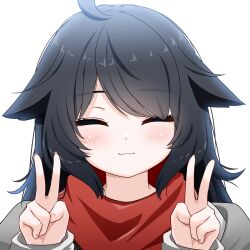 Rule 34 | 1girl, :3, ahoge, animal ears, bandana around neck, black hair, closed eyes, closed mouth, copyright request, double v, eyes visible through hair, facing viewer, hands up, highres, long hair, portrait, shirt, simple background, solo, suzuki-shi, swept bangs, v, white background, white shirt