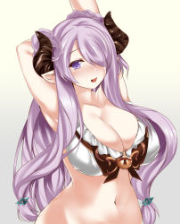 Rule 34 | 10s, 1girl, arm behind head, armpits, arms behind head, arms up, bikini, blush, braid, breasts, circussion, cleavage, collarbone, cow girl, cow horns, curvy, female focus, gradient background, granblue fantasy, hair ornament, hair over one eye, hairclip, horns, huge breasts, large breasts, light purple hair, long hair, looking at viewer, narmaya (granblue fantasy), navel, open mouth, pointy ears, purple eyes, simple background, smile, solo, standing, swimsuit, upper body, white bikini, wide hips
