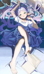 Rule 34 | 1girl, aqua eyes, arm up, bare legs, barefoot, blush, book, breasts, brown footwear, cic tatsumi, collarbone, dress, elf, eyelashes, feet, feet up, forehead, frieren, full body, knee up, legs, long hair, lying, on back, open mouth, parted bangs, pointy ears, purple hair, shadow, shoes, small breasts, solo, sousou no frieren, thick eyebrows, toenails, toes, unworn shoes, very long hair, white dress