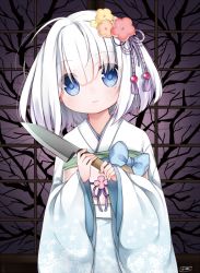 Rule 34 | 1girl, :|, blue bow, blue eyes, bow, closed mouth, flower, hair flower, hair ornament, hakuari (hina), holding, holding knife, japanese clothes, kimono, knife, looking at viewer, official art, original, short hair, solo, standing, white hair, wide sleeves