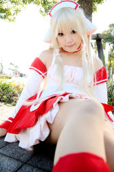 Rule 34 | 1girl, apron, arm support, asian, bare shoulders, blonde hair, breasts, chii, chii (cosplay), chobits, cosplay, detached sleeves, dress, dutch angle, kipi-san, long hair, looking at viewer, on floor, outdoors, persocom, photo (medium), sidelocks, sitting, small breasts, socks, solo, waist apron, waitress, waitress uniform