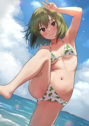 Rule 34 | 1girl, arm up, armpits, bikini, blush, breasts, breasts apart, c (theta), cameltoe, cleft of venus, collarbone, green hair, halterneck, head tilt, highres, holding own leg, idolmaster, idolmaster million live!, looking at viewer, nagayoshi subaru, navel, outdoors, red eyes, ribs, small breasts, smile, solo, standing, standing on one leg, stomach, swimsuit, two-tone bikini, v