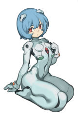Rule 34 | 1girl, absurdres, ayanami rei, blue hair, bodysuit, breasts, commentary request, covered navel, full body, highres, interface headset, lentiyay, looking at viewer, neon genesis evangelion, plugsuit, red eyes, seiza, short hair, shoulder pads, sitting, small breasts, solo, white background, white bodysuit