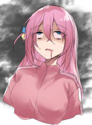 Rule 34 | 1girl, absurdres, blue eyes, bocchi the rock!, breasts, cropped torso, cube hair ornament, drooling, gotoh hitori, hair between eyes, hair ornament, highres, jacket, medium breasts, mouth drool, one side up, parted lips, pink hair, pink jacket, rolling eyes, solo, track jacket, upper body, yuki maccha (yukimattya10)