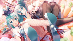 Rule 34 | 2girls, all fours, animal ears, arm cuffs, arm garter, arm support, ass, bicute bunnies miku, black leotard, black neckwear, blue eyes, blue footwear, blue hair, blue nails, blush, bottle, bow, braid, braided bun, breasts, collar, commentary request, cup, daidou (demitasse), double bun, dual persona, ear bow, fake animal ears, fake tail, fingernails, fishnet legwear, fishnets, fur collar, hair bun, hairband, hatsune miku, high heels, highres, holding, holding plate, legs up, leotard, long hair, looking at viewer, lying, medium breasts, mouth hold, multiple girls, nail polish, necktie, on back, pantyhose, plate, playboy bunny, playing games, rabbit ears, rabbit tail, tail, vocaloid, white collar, white leotard, wrist cuffs