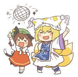 Rule 34 | &gt; &lt;, 2girls, animal hat, arm up, black footwear, blonde hair, blush stickers, bow, bowtie, brown hair, cat tail, chen, chibi, citrus (place), closed eyes, disco ball, dress, earrings, fox tail, full body, green headwear, hat, index finger raised, jewelry, long sleeves, medium hair, mob cap, multiple girls, multiple tails, open mouth, red dress, shirt, shoes, simple background, smile, socks, sparkle, standing, standing on one leg, tail, tassel, touhou, two tails, white background, white dress, white headwear, white legwear, white neckwear, white shirt, wide sleeves, yakumo ran