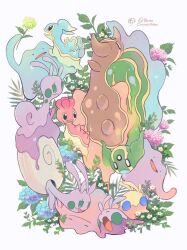 Rule 34 | :d, ^ ^, alternate color, arm up, black eyes, blue flower, chikafuji, closed eyes, commentary request, creatures (company), ditto, evolutionary line, flower, game freak, gastrodon, gastrodon (east), gastrodon (west), gen 1 pokemon, gen 4 pokemon, gen 6 pokemon, goomy, green eyes, green flower, highres, hisuian sliggoo, holding, holding flower, hydrangea, leaf, looking at another, nintendo, no humans, open mouth, pink flower, plant, pokemon, pokemon (creature), shellos, shellos (east), shellos (west), shiny and normal, shiny pokemon, simple background, sliggoo, smile, solid circle eyes, white background, white flower