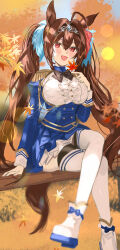 Rule 34 | 1girl, :d, animal ears, autumn leaves, black bow, blue jacket, blue skirt, bow, breasts, brown hair, center frills, commentary request, crossed legs, daiwa scarlet (umamusume), day, frills, hair between eyes, hair intakes, hand up, haruri, highres, horse ears, horse girl, horse tail, jacket, large breasts, leaf, long hair, looking at viewer, maple leaf, open mouth, outdoors, red eyes, shirt, shoes, sitting, sitting on bench, skirt, smile, solo, tail, thighhighs, tiara, twintails, umamusume, very long hair, white footwear, white shirt, white thighhighs