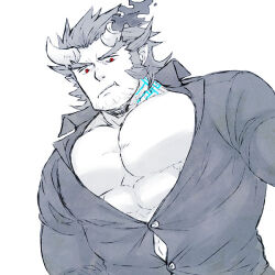 Rule 34 | 1boy, bara, body markings, broken horn, bursting pectorals, collared shirt, demon boy, demon horns, facial hair, fang, from below, frown, horns, large pectorals, long sideburns, looking at viewer, male focus, mature male, mugi (pixiv 187163), muscular, muscular male, partially unbuttoned, pectoral cleavage, pectorals, red eyes, shirt, short hair, sideburns, solo, stubble, takemaru (housamo), thick eyebrows, tokyo houkago summoners, upper body