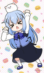 Rule 34 | &gt; &lt;, 1girl, :&lt;, angora rabbit, animal, animal on head, arm up, black skirt, blue bow, blue footwear, blue hair, blue vest, bow, chibi, closed eyes, commentary request, facing viewer, full body, gochuumon wa usagi desu ka?, hair between eyes, hair ornament, hand up, highres, kafuu chino, long hair, long sleeves, mitya, on head, open mouth, outline, parody request, polka dot, polka dot background, puffy long sleeves, puffy sleeves, rabbit, rabbit house uniform, revision, shirt, shoes, simple background, skirt, sleeves past wrists, socks, standing, tippy (gochiusa), triangle mouth, twitter username, uniform, very long hair, vest, waitress, white background, white outline, white shirt, white socks, x hair ornament