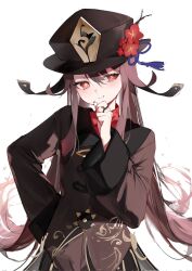 Rule 34 | 1girl, black hat, brown coat, brown hair, coat, commentary request, flower, flower-shaped pupils, genshin impact, hand on own hip, hand up, hat, hat flower, highres, hu tao (genshin impact), jewelry, long hair, looking at viewer, multiple rings, parted lips, plum blossoms, porkpie hat, red eyes, red flower, ring, simple background, solo, suashi, symbol-shaped pupils, tassel, upper body, white background
