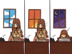 Rule 34 | 1girl, animal, blue eyes, blush, brown hair, brown skirt, cat, chinese commentary, cloud, commentary request, crescent moon, day and night, desk, dusk, closed eyes, fors wall, fyy2333, highres, holding, holding pen, indoors, klein moretti, lord of the mysteries, moon, night, night sky, pen, pink shawl, shawl, skirt, sky, sleeping, sleepy, star (sky), timeskip, window, writing, zzz