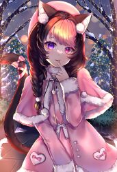 Rule 34 | 1girl, absurdres, animal ear fluff, animal ears, black hair, bow, braid, capelet, cat ears, cat girl, cat tail, coat, commission, darlingstrawb, fur-trimmed capelet, fur-trimmed coat, fur trim, heart, heart-shaped pupils, highres, indie virtual youtuber, long hair, multicolored hair, pink bow, pink capelet, pink coat, pink eyes, pink hair, pink headwear, pink ribbon, pom pom (clothes), purple eyes, ribbon, sky, snow, solo, symbol-shaped pupils, tactoki, tail, tail bow, tail ornament, tail ribbon, tree, two-tone hair, virtual youtuber, white bow