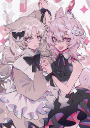 Rule 34 | 2girls, absurdres, animal ears, arm up, bare arms, black bow, black dress, bottle, bow, brown dress, commentary, cowboy shot, dog ears, dress, fang, flower, grey hair, hair bow, hair flower, hair ornament, highres, holding hands, long hair, long sleeves, multiple girls, nail polish, open mouth, original, parted lips, pink eyes, pink hair, pink nails, sleeveless, sleeveless dress, smile, sparkle, sweat, symbol-only commentary, taowu (20809), white background, white flower, wine bottle, wrist bow