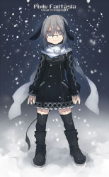 Rule 34 | 1girl, animal ears, black socks, boots, copyright name, female focus, glasses, goshiki, gradient background, grey eyes, grey hair, jacket, kneehighs, pixiv fantasia, pixiv fantasia wizard and knight, scarf, smile, snow, socks, solo, tail, thighhighs, upper body
