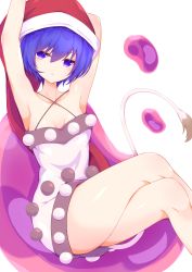 Rule 34 | 1girl, armpits, arms up, bare shoulders, breasts, brown dress, chair, collarbone, crossed legs, doremy sweet, dress, eyes visible through hair, hair between eyes, hands up, hat, highres, looking to the side, open mouth, pom pom (clothes), purple eyes, purple hair, red hat, short hair, simple background, sitting, sleeveless, sleeveless dress, small breasts, solo, tail, tomoe (fdhs5855), touhou, white background, white dress