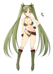 Rule 34 | 1girl, belt, bikini, blush, boots, breasts, brown eyes, closed mouth, color guide, contrapposto, earrings, full body, fur trim, gluteal fold, green bikini, green footwear, green hair, hand on own hip, horns, jewelry, knee boots, long hair, looking at viewer, medium breasts, monster hunter (series), navel, ohta yuichi, personification, rathian, simple background, smile, solo, standing, swimsuit, twintails, very long hair, white background, wristband