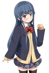 Rule 34 | 1girl, aikawa ryou, black jacket, black thighhighs, blazer, blue hair, blue skirt, blush, bow, bowtie, brown cardigan, cardigan, collared shirt, commentary request, cowboy shot, dress shirt, hand up, highres, jacket, long hair, long sleeves, looking at viewer, open clothes, open jacket, parted lips, pleated skirt, purple eyes, red bow, red bowtie, school uniform, shima rin, shirt, simple background, skirt, sleeves past wrists, solo, thighhighs, very long hair, white background, white shirt, yurucamp