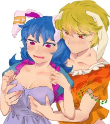 Rule 34 | 2girls, animal ears, blonde hair, blouse, blue hair, blush, breasts, chamaruk, cleavage, collarbone, commentary request, floppy ears, grabbing, grabbing another&#039;s breast, long hair, looking down, medium breasts, multiple girls, open mouth, orange shirt, purple eyes, rabbit ears, red eyes, ringo (touhou), seiran (touhou), shirt, short hair, sketch, sweat, touhou, upper body, white background, yuri