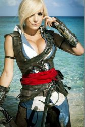 Rule 34 | 1girl, armor, assassin&#039;s creed, assassin&#039;s creed (series), assassin&#039;s creed iv: black flag, blonde hair, breasts, cleavage, cosplay, edward kenway, edward kenway (cosplay), female focus, gun, highres, huge breasts, jessica nigri, ocean, photo (medium), short hair, solo, sword, weapon