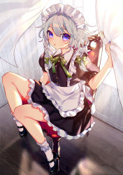 Rule 34 | 1girl, :o, apron, artist name, bare arms, bare legs, black footwear, blue eyes, blue nails, braid, chair, commentary request, curtain grab, curtains, dress, flat chest, frilled dress, frilled socks, frills, green ribbon, hair ornament, hair ribbon, head tilt, highres, hinasumire, holding, holding curtain, indoors, izayoi sakuya, knees up, looking at viewer, looking up, maid, maid apron, maid headdress, mary janes, nail polish, neck ribbon, open mouth, pleated dress, puffy sleeves, ribbon, shoes, short sleeves, silver hair, sitting, socks, solo, touhou, twin braids, twintails, white socks, window