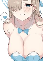 Rule 34 | 1girl, aqua bow, aqua bowtie, arms behind back, asuna (blue archive), asuna (bunny) (blue archive), blue archive, blue eyes, blush, bow, bowtie, breasts, commentary request, detached collar, hair over one eye, halo, heart, highres, kobinbin, large breasts, leotard, long hair, looking at viewer, mole, mole on breast, parted lips, playboy bunny, sagging breasts, simple background, solo, spoken heart, white background