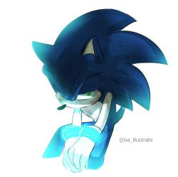 Rule 34 | 1boy, blue fur, bound, bound wrists, bruise, cuffs, defeat, gloves, glowing, green eyes, half-closed eyes, handcuffs, hedgehog ears, highres, injury, isa-415810, male focus, sad, simple background, sitting, snout, sonic the hedgehog, sonic forces, sonic (series), white background, white gloves