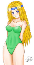 Rule 34 | 1990s (style), 1girl, arms behind back, bare shoulders, blonde hair, blue eyes, blush, breasts, breasts apart, celes chere, cleavage, covered erect nipples, covered navel, cowboy shot, final fantasy, final fantasy vi, grin, headband, hip focus, impossible clothes, impossible leotard, leotard, long hair, looking at viewer, retro artstyle, sideboob, signature, simple background, smile, solo, standing, strapless, strapless leotard, thighs, very long hair, white background, yukihiro