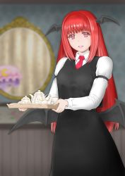 Rule 34 | 2girls, armband, arms up, bat wings, black skirt, black vest, blurry, blurry background, bosutonii, commentary request, creamer (vessel), crescent, crescent hair ornament, cup, depth of field, hair ornament, hat, head tilt, head wings, highres, holding, holding tray, koakuma, light smile, long hair, long sleeves, mirror, mob cap, multiple girls, necktie, parted lips, patchouli knowledge, pink headwear, purple hair, red eyes, red hair, red neckwear, reflection, shirt, skirt, standing, teacup, teapot, teeth, touhou, tray, upper body, upper teeth only, very long hair, vest, wallpaper (object), white shirt, wings