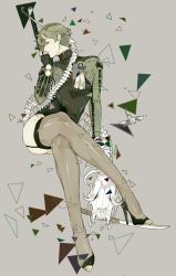Rule 34 | 10s, 1boy, androgynous, bone, bottomless, collared shirt, crossdressing, crossed legs, full body, green hair, grey background, high heels, horns, katana, looking at viewer, male focus, personification, pointy ears, profile, shirt, simple background, sitting, skeleton, skull, snj, solo, sword, thighhighs, touken ranbu, uguisumaru, weapon