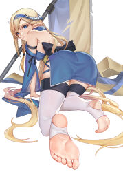 Rule 34 | 1girl, absurdres, all fours, arknights, ass, back bow, banner, bare shoulders, black bow, blonde hair, blue dress, blue hairband, bow, braid, breasts, chinese commentary, commentary request, detached sleeves, dragon horns, dress, feet, foot focus, foreshortening, from behind, full body, hairband, highres, hongbaise raw, horns, long hair, long sleeves, looking at viewer, looking back, medium breasts, no shoes, pantylines, pointy ears, saileach (arknights), side braid, soles, solo, stirrup legwear, thighhighs, toeless legwear, toes, very long hair, white thighhighs